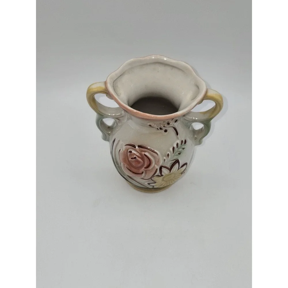 Vintage Brazil Art Pottery Double Handle Floral Vase Pink Rose Daisy Relief